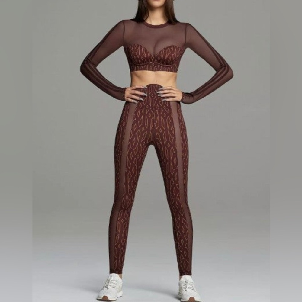 IVY PARK Adidas Icy Park Night Red/Wild Brown Sheer Monogram Leggings & Crop Top